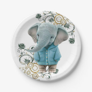 Paper Plates, Floral Blue Elephant  Paper Plate