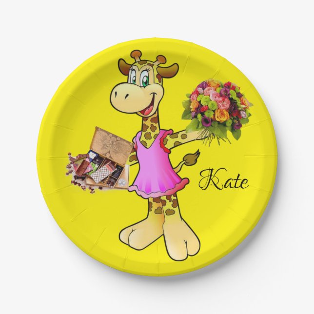 Paper Plates, Giraffe Floral Chocolate Yellow Paper Plate (Front)