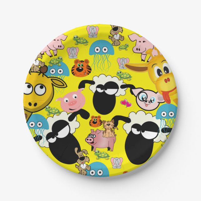 Paper Plates, Giraffe Pigs Elephant Kitten Cat Plate (Front)