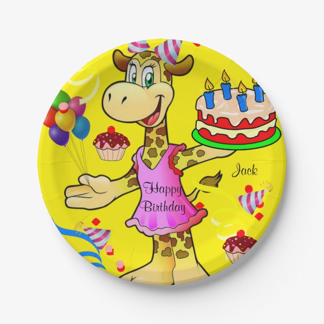 Paper Plates, Giraffe Yellow Happy Birthday Cake Paper Plate (Front)