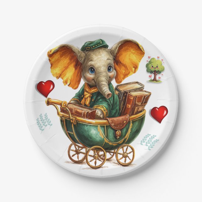 Paper Plates, Gold Elephant Red Hearts Love Tree Plate (Front)