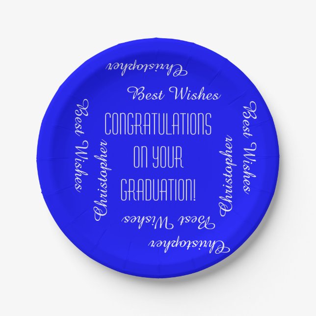 Paper Plates, Graduation Party Names, Blue White Plate (Front)