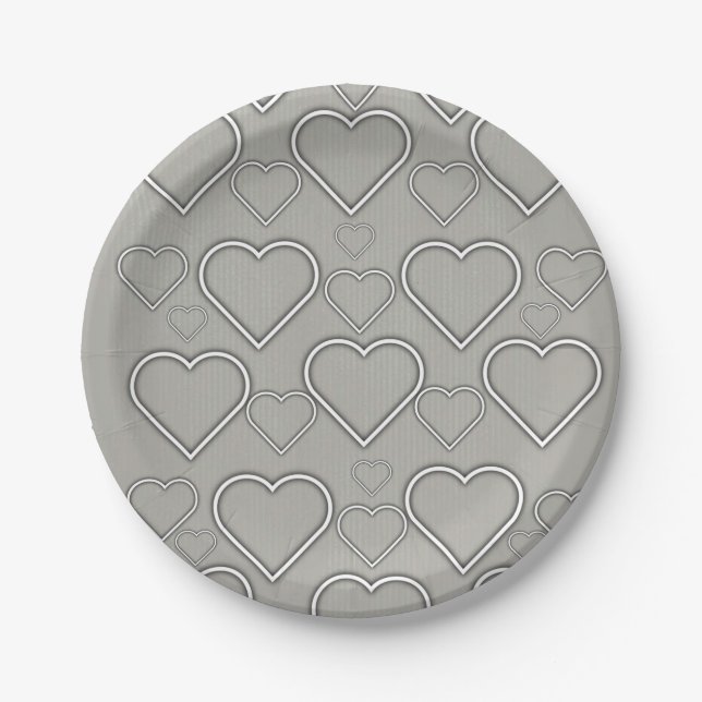 Paper Plates, Grey & White Hearts Paper Plate (Front)