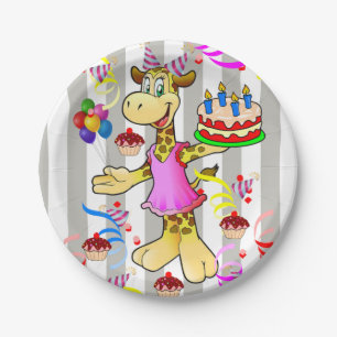 Paper Plates, Grey & White Stripe Giraffe Birthday Paper Plate