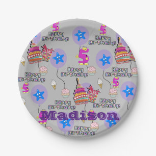 Paper Plates, Happy 5th Birthday #5 Balloons Grey Paper Plate