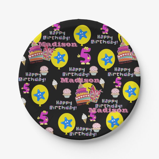 Paper Plates, Happy 5th Birthday #5 Balloons Paper Plate (Front)