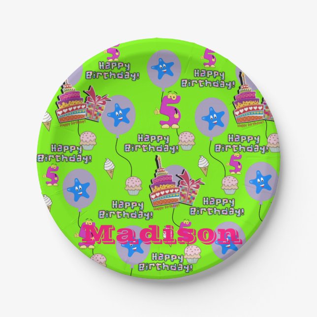 Paper Plates, Happy 5th Birthday #5 Balloons Plate (Front)