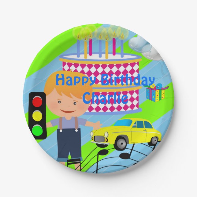 Paper Plates, Happy Birthday Car Boy Cake Paper Plate (Front)