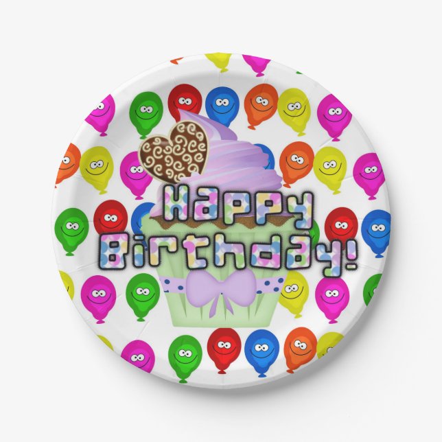Paper Plates, Happy Birthday Cupcake Balloons Paper Plate (Front)