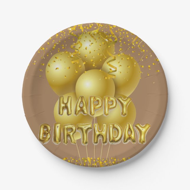 Paper Plates, Happy Birthday Gold Balloons Plate (Front)
