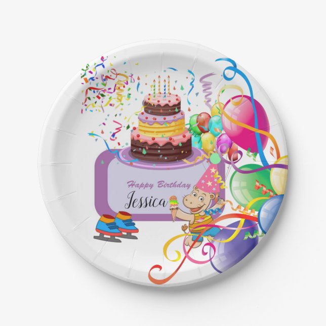 Paper Plates, Happy Birthday Hippopotamus Balloons Plate (Front)