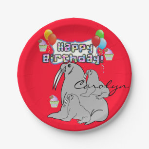 Paper Plates, Happy Birthday Seal Balloons Red Plate