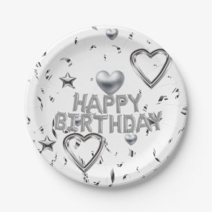 Paper Plates, Happy Birthday Silver Hearts Plate