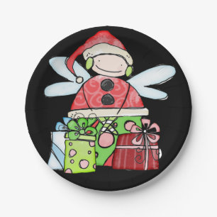 Paper Plates, Merry Christmas Angel Santa Black Paper Plate