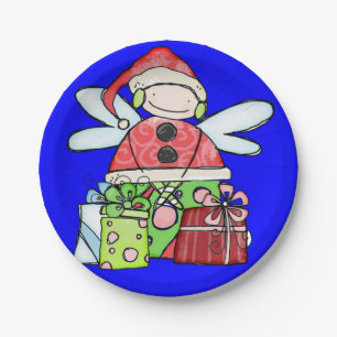 Paper Plates, Merry Christmas Angel Santa Blue Paper Plate