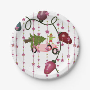 Paper Plates, Merry Christmas Pink Car Elf Plate