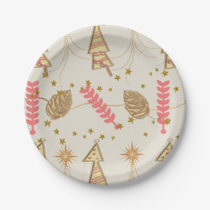 Paper Plates, Merry Christmas Trees Beige Gold Plate