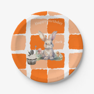 Paper Plates, Orange Rabbit Floral Happy Birthday Plate