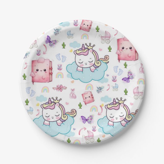 Paper Plates, Pink Blue Unicorn Rainbow Cat  Plate (Front)