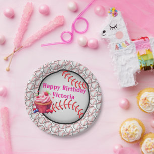 Paper Plates, Pink White Stripe Birthday Baseball Plate