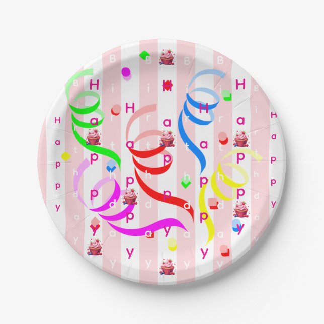 Paper Plates, Pink & White Stripe Birthday Plate (Front)