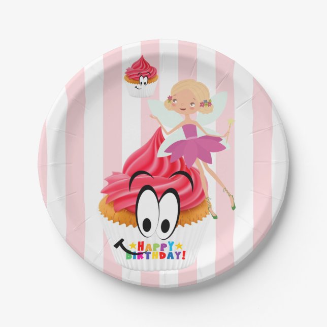 Paper Plates, Pink & White Stripe Fairy Birthday Paper Plate (Front)