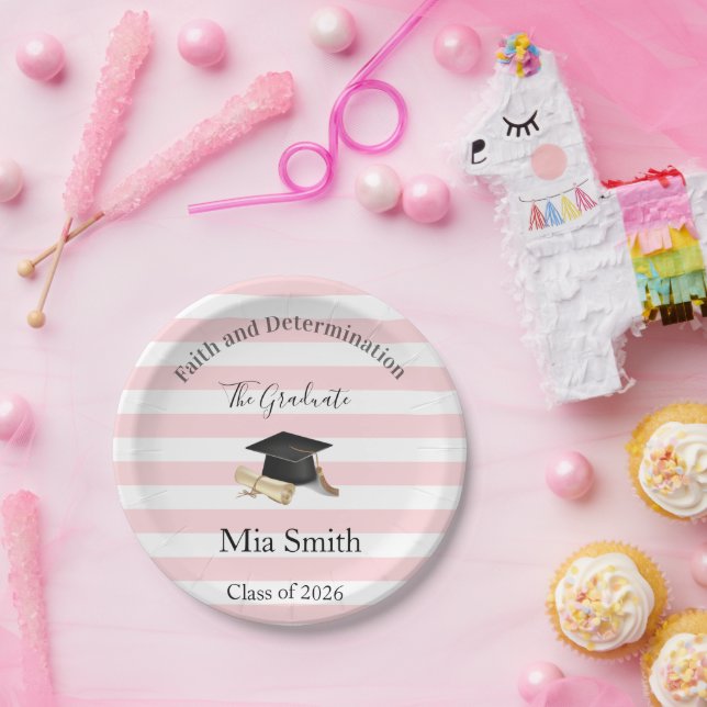 Paper Plates, Pink & White Stripe Graduate 2026 Plate (Party)
