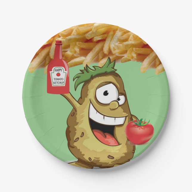Paper Plates, Potato French Fries Ketchup Green Paper Plate (Front)