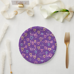 Paper Plates, Purple Colorful Hearts She said Yes! Plate