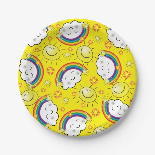 Paper Plates, Rainbow Stars Clouds Yellow Paper Plate (Front)