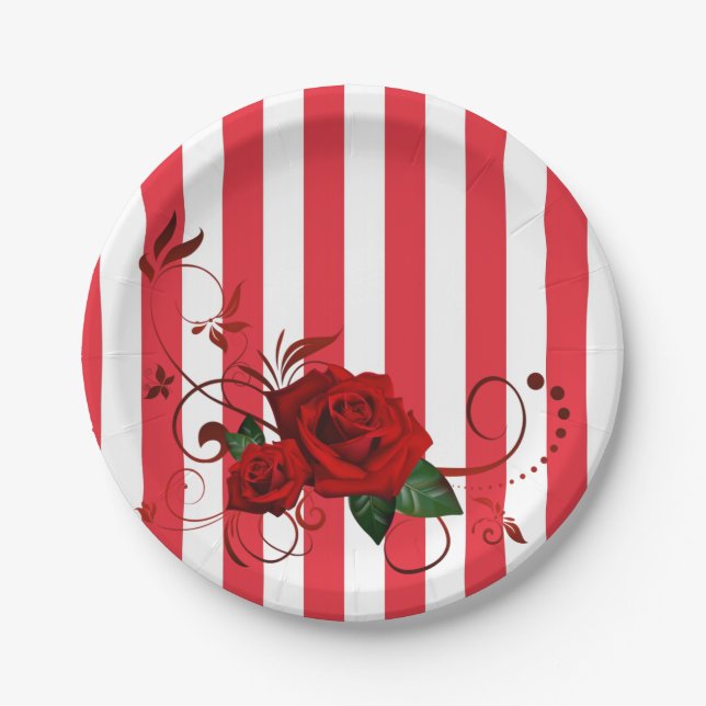 Paper Plates, Red & White Stripe Red Rose Floral Paper Plate (Front)