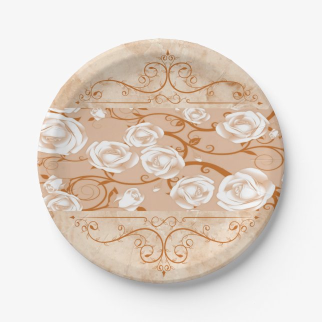 Paper Plates, Rose Marble Floral Flowers Paper Plate (Front)