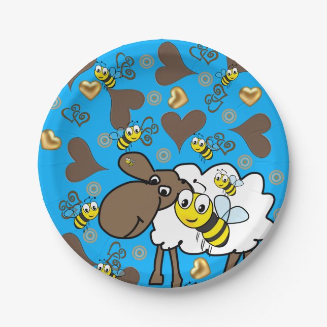 Paper Plates, Sheep Bee Brown Hearts Blue Plate (Front)