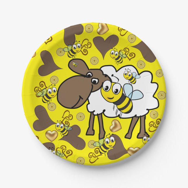 Paper Plates, Sheep Bumblebee Brown Hearts Yellow Plate (Front)