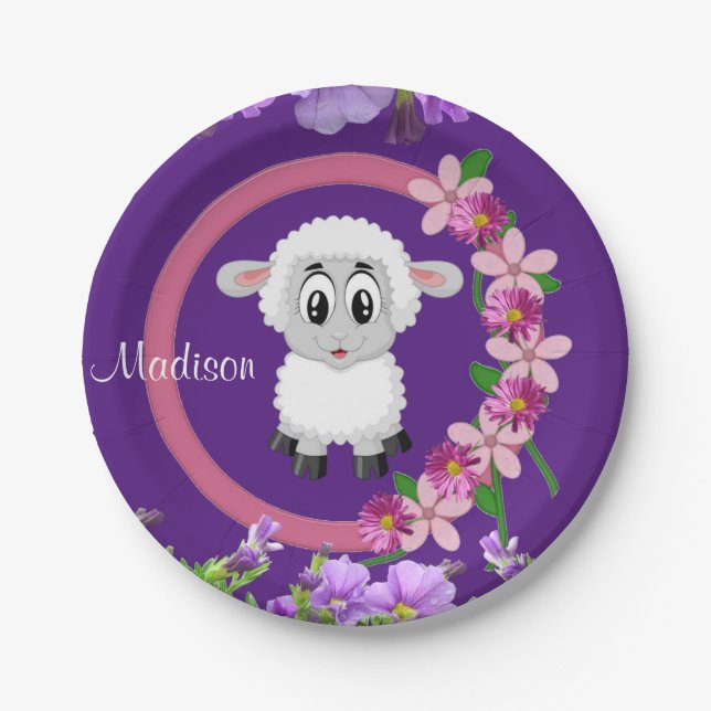 Paper Plates, Sheep Floral Purple Plate (Front)