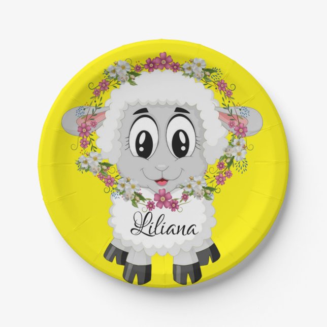 Paper Plates, Sheep Floral Yellow Paper Plate (Front)