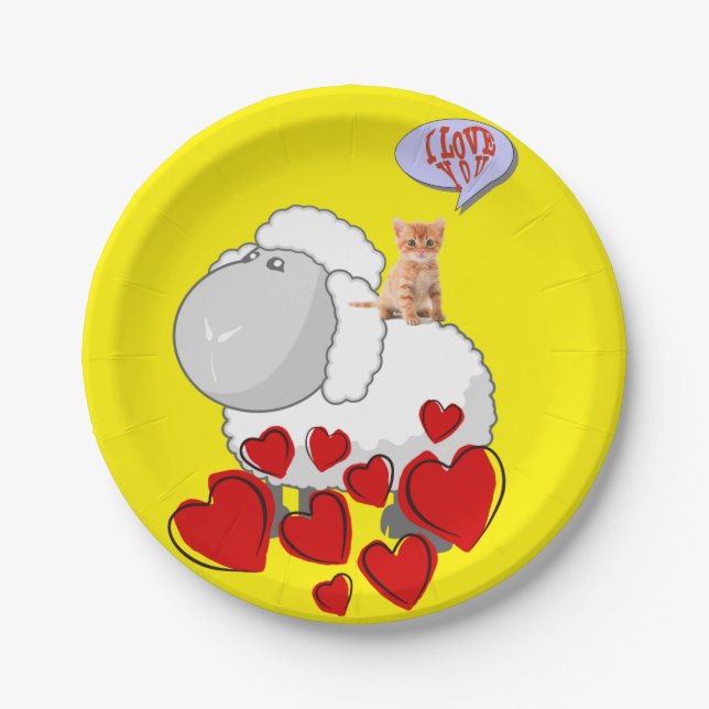 Paper Plates, Sheep Kittens Red Hearts Plate (Front)