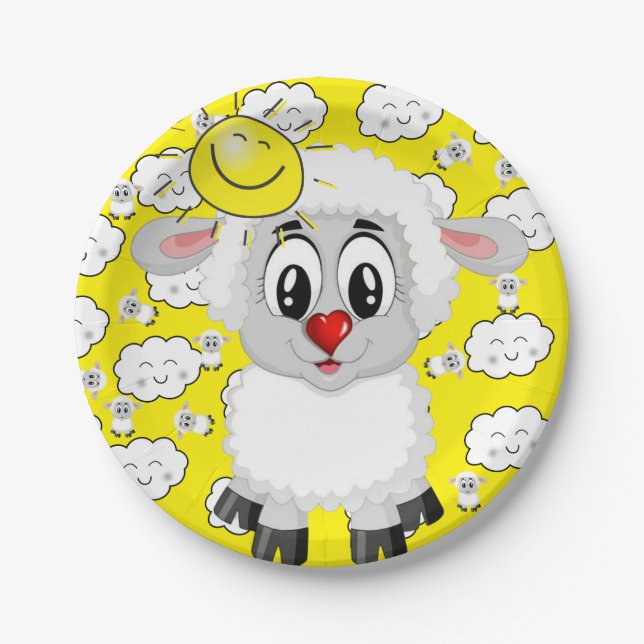 Paper Plates, Sheep Love Sun Clouds Yellow Paper Plate (Front)