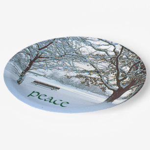 paper plates, SNOW-COVERED PARK/LONE BENCH/"PEACE" Plate