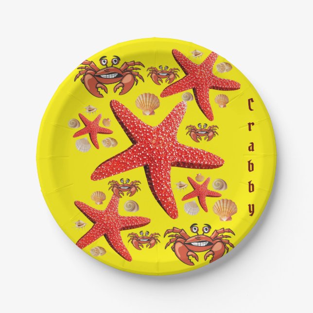 Paper Plates, Starfish Crabs Yellow Crabby Paper Plate (Front)