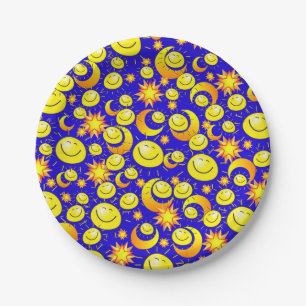 Paper Plates, Sun Moon Yellow Orange Stars Blue Plate