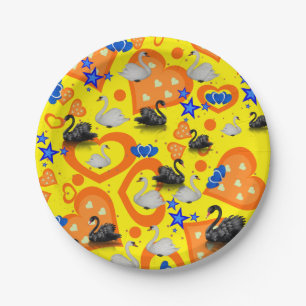 Paper Plates, Swans Orange Hearts Blue Stars Plate