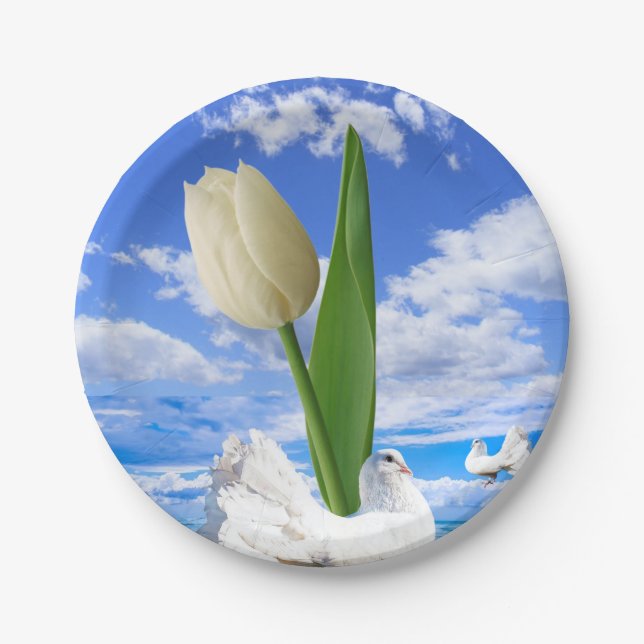 Paper Plates, Tulip Floral White Birds Plate (Front)