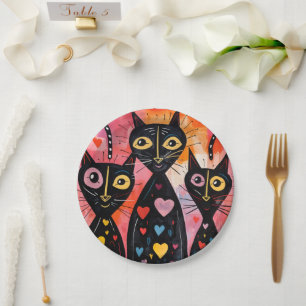 Paper plates Valentine's Day Cat Red Hearts 