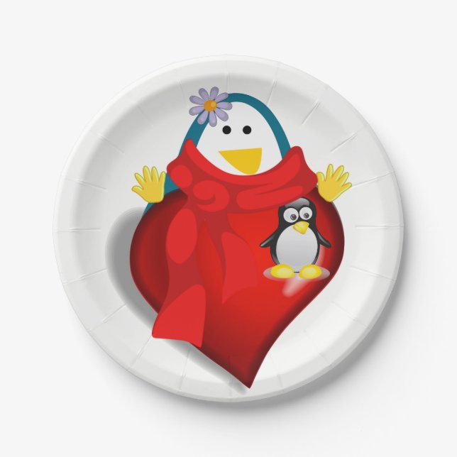 Paper plates Valentine's Day, Penguin Hearts (Front)