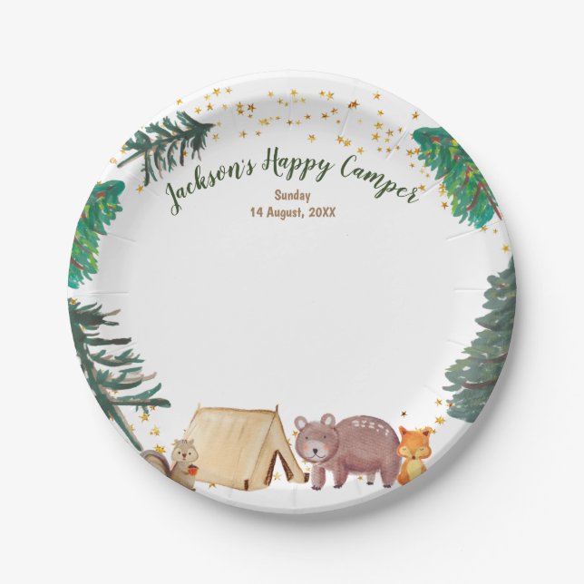 Paper Plates Watercolor Happy Camper 1st Birthday (Front)