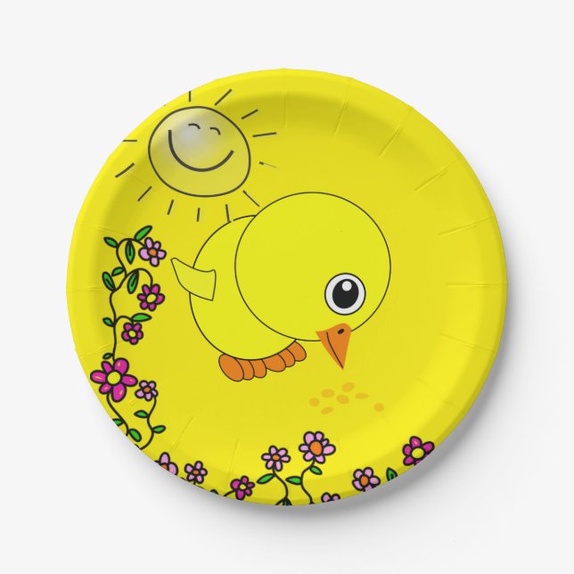 Paper Plates, Yellow Chick Sun Floral Paper Plate (Front)