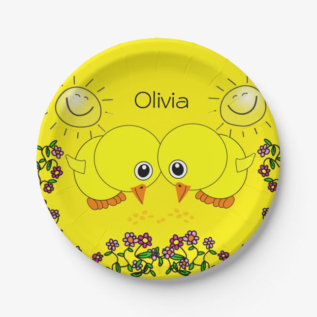 Paper Plates, Yellow Chicks Sun Floral Paper Plate (Front)