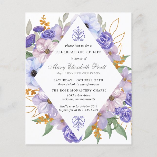 PAPER Purple Floral Funeral Invitation (Front)