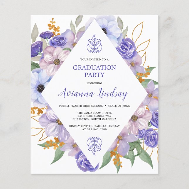 PAPER Purple Floral Graduation Party Invitation (Front)